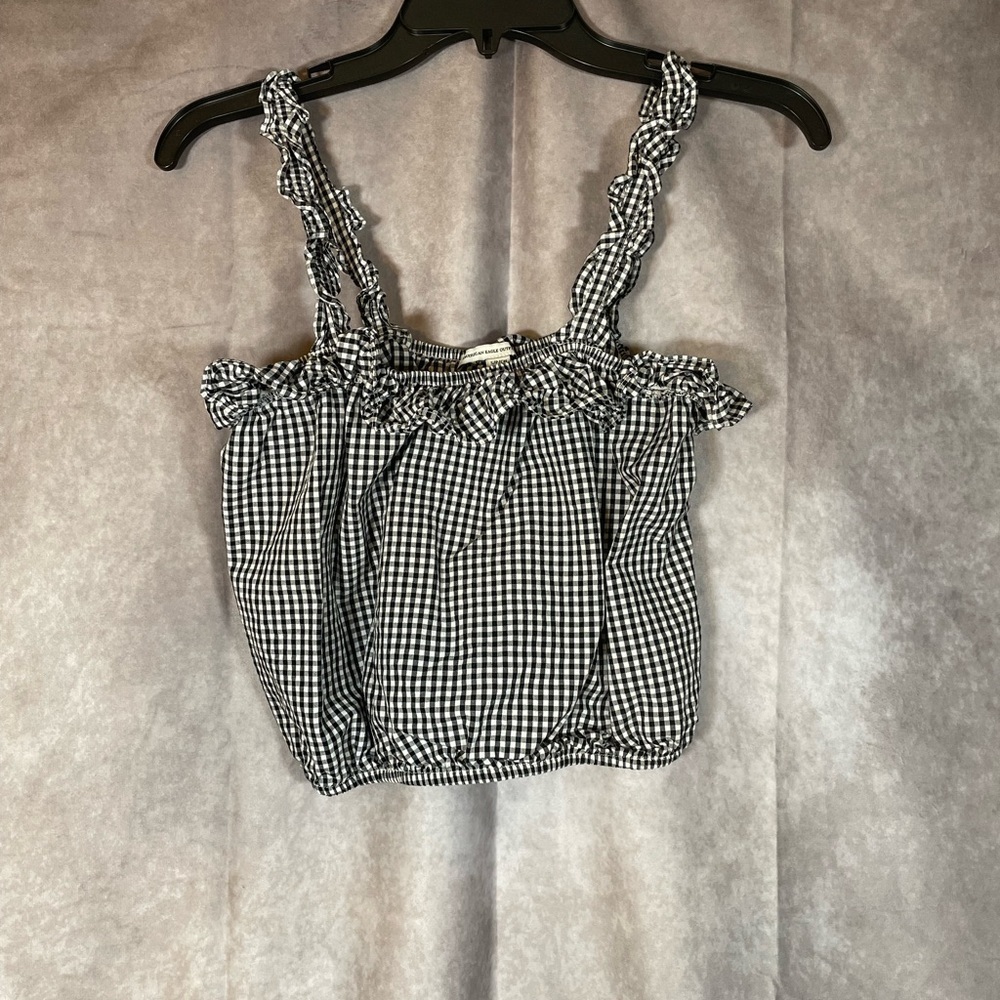 American Eagle Outfitters Black & White Buffalo Plaid Cropped Ruffle Top | Small